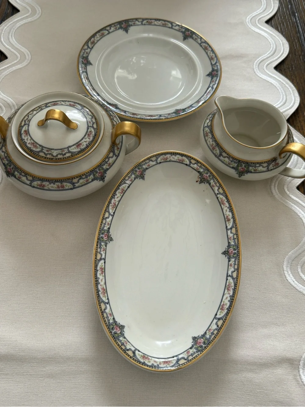 Haviland (Limoges) Troy, Pink Roses, Blue Scrolls:  set off 5 / hand  painted